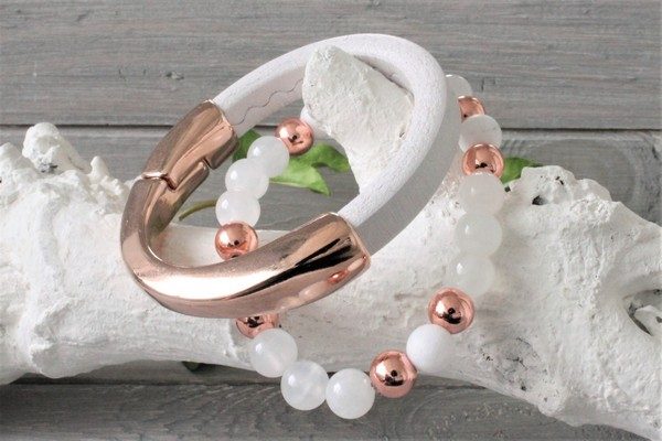 damesarmband halve maan wit leer rosegoud