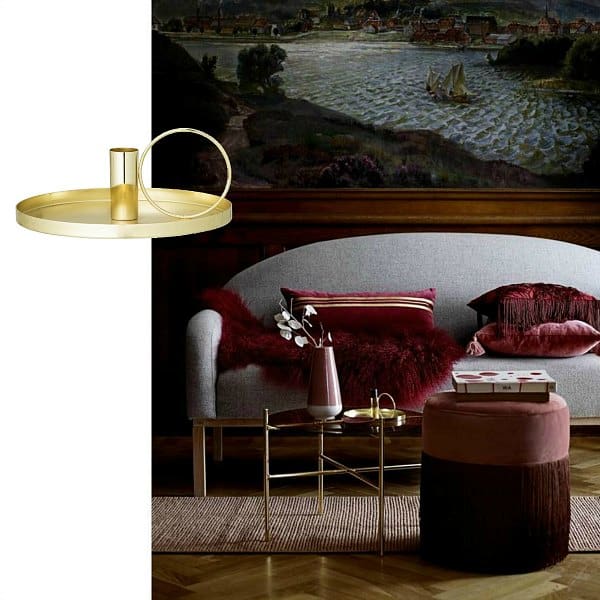 gouden kandelaar, wijnrood interieur